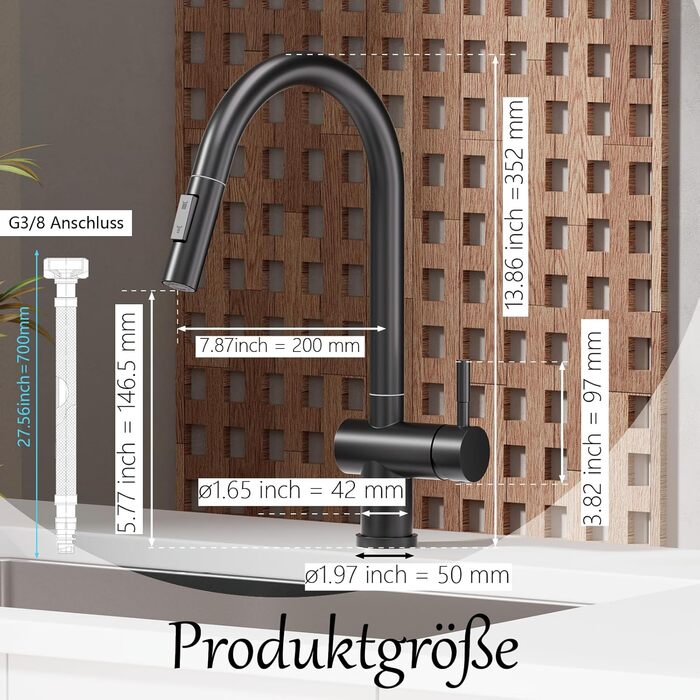 Кран кухонний високого тиску SEMANEY з висувною лійкою, поворотний на 360°, одноручковий, матовий чорний