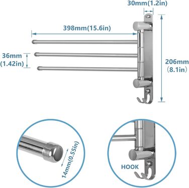 Тримач для рушників настінний поворотний 180° з нержавіючої сталі з 4-ма кріпленнями, для ванної, кухні та гардеробу, сріблястий