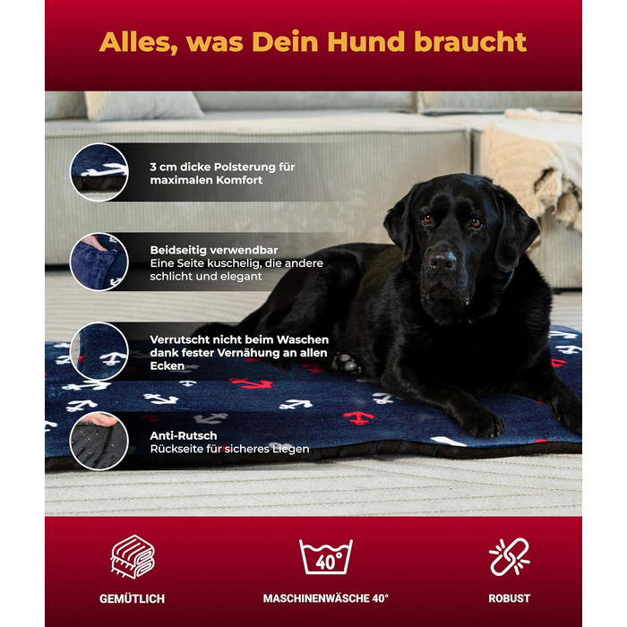 Лежанка для собак XS (45x65 см) – неслизька та затишна з 3 см наповнювачем – ідеально для дивану, авто та переноски – Made in Germany (95 x 135 см, Анкер Блакитний)