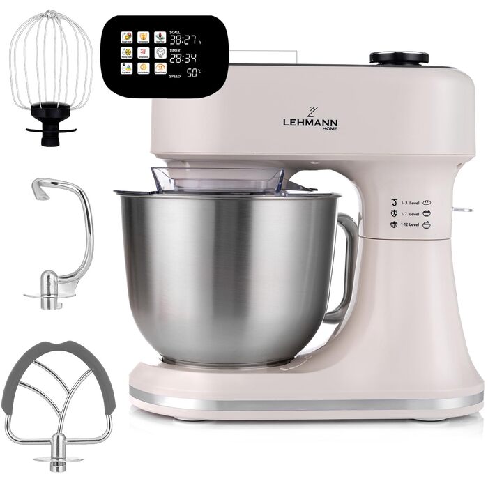 Кухонна машина Lehmann з дисплеєм, 1500 Вт, 12 швидкостей, функція ферментації з підігрівом, вбудовані ваги, таймер, чаша 5 л та 3 насадки-мішалки, Бежевий