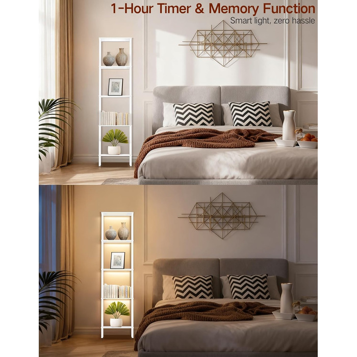 Стельова лампа з поличкою, LED, регулювання яскравості, 3 колірні температури, сенсорне управління та пульт, полиця для книг, дерев'яна, сучасний дизайн для вітальні, спальні, офісу (білий)