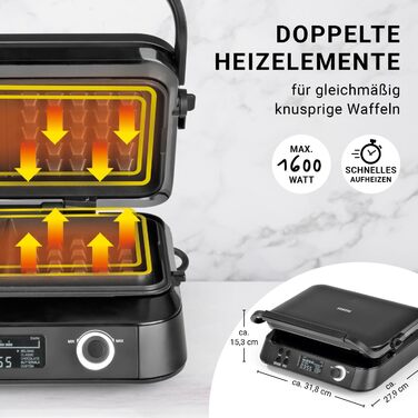 N8WERK Premium Waffle Maker for Belgian Waffles | Powerful 1,600 Watts, double heating elements, 5 programs & 7 browning levels | LCD display, timer, extra deep heating plates for particularly airy waffles