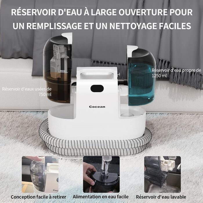 COCEAN Вакуумний пилосос для килимів та м'яких меблів | Комбінований килимовий та м'який пилосос | Мокрий/сухий пилосос з потужним всмоктуванням | Ідеально підходить для дивану та авто, колір Milky White