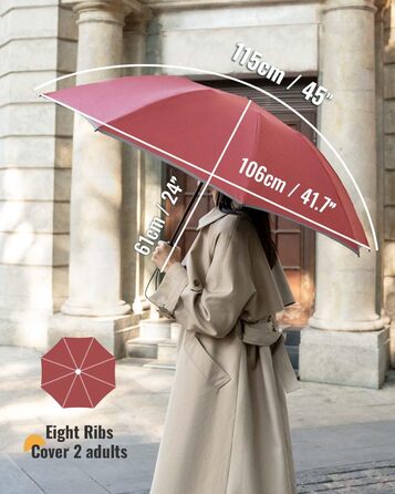 Чакіпі Парасолька велика, стійка до вітру, з відбиваючим покриттям для чоловіків та жінок – автоматичний парасолька-тростина, компактний, для подорожей, 210T покриття, промінь 106 см (Вишневий)