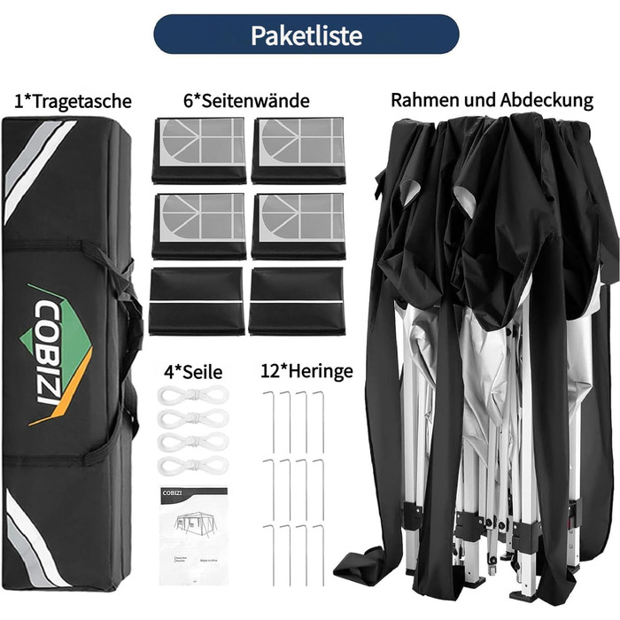 COBIZI Pavilion 3x3 Waterproof Folding Pavilion with 4 Side Panels, Outdoor Folding Pavilion, Stable UV Protection 50+, Pop-Up Garden Pavilion, Party Tent for Outdoors, Garden, Party, Wedding, Market (Black, 3x6m)