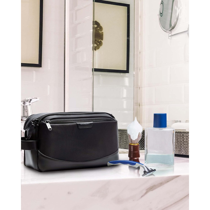 BAGSMART Travel Toiletry Bag for Men, Leather Travel Organizer Bag, Dopp Kit Waterproof Shaving Bag for Toiletries Accessories, Black
