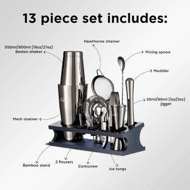 Набір бармена для приготування коктейлів Black Boston 13 шт. з японським джиглером та стійкою, з нержавіючої сталі