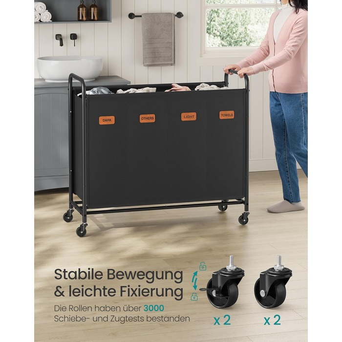 SONGMICS Laundry Basket with Wheels, Laundry Sorter with 4 Compartments, 200 L Laundry Sorter, Mobile Laundry Cart, 5 Labels, for Laundry Room, Bedroom, Bathroom, Ink Black RLS460B01