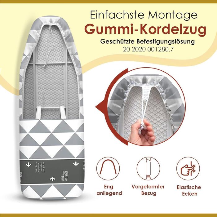 Покриття для прасувальної дошки arteneur® Made in Germany, 120x40 см, відбиває тепло, гумка, зона ковзання, OEKOTEX100, 4 розміри, для парогенератора та праски