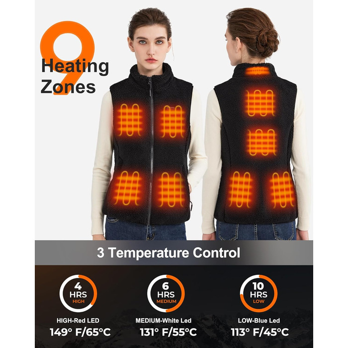 Тепла електрична жилетка для жінок з акумулятором 16000mAh, Sherpa, флісова жилетка для активного відпочинку та катання на лижах, чорна