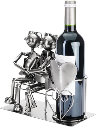 BRUBAKER Bottle Holder Men Loving Couple on Bench - Wine Bottle Holder Silver - Metal Bottle Stand Love - Metal Sculpture Gift for Married Couples with Gift Card (Woman + Man)