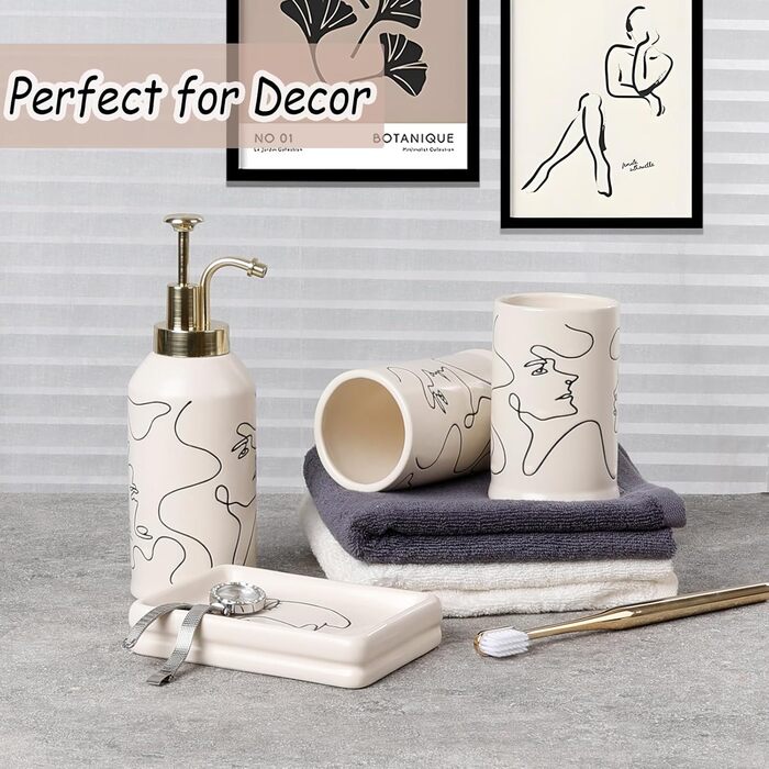 4-Piece Ceramic Bathroom Set, Artistic Line Face Bathroom Accessories Set with Soap Dispenser, Toothbrush Holder, Cup, Soap Dish, Abstract Bathroom Set for Decor, Cream
