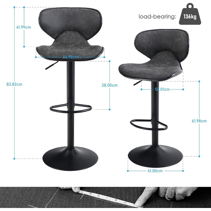 ALPHA HOME 2-Piece Bar Stool Set with Backrest and Footrest - Adjustable Swivel Gas Lift PU Leather Kitchen Bar Stools for Counter, Kitchen & Home (Gray)