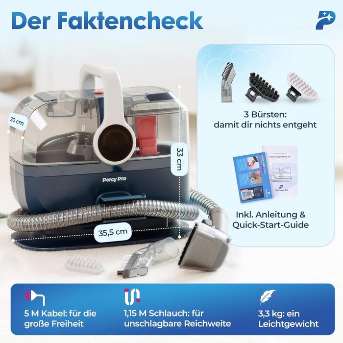 Вашсаугер з пароочищувачем Percy Pro – 1800W, 13kPa, для чищення м'яких меблів та килимів (Блакитний)