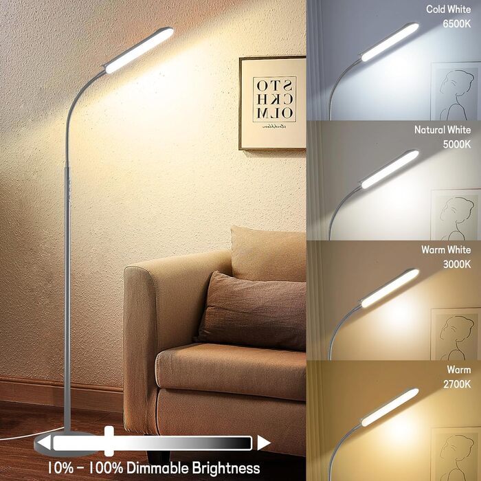 LED-стійка лампа Marctronic для вітальні з регулюванням яскравості, 18W, 1800LM, з пультом та сенсорним керуванням, швидка установка, для офісу, спальні (сіра)