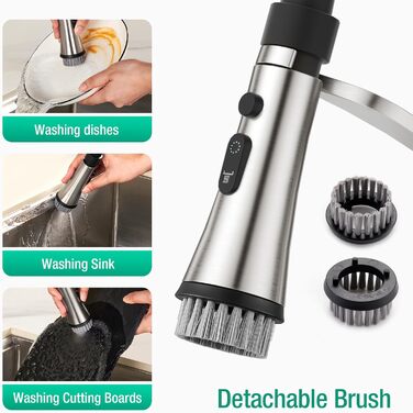 Кран кухонний CREA з 3 функціями: душ, висувна лійка, поворотний вилив, чорний, нержавіюча сталь