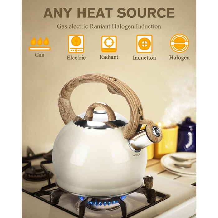 Чайник Teekessel 2.1 л з плитою, чайник з нержавіючої сталі з дерев'ястим декором, складаний ручка, для всіх типів плит (білий)