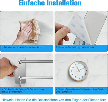 Тримач для рушників без свердління, 60 см, самоклеючий, з гачками, нержавіюча сталь, вологостійкий, для ванної кімнати та кухні, срібляний