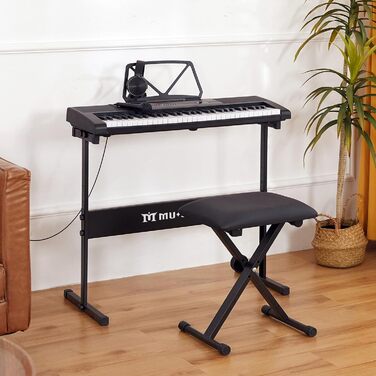 MUSTAR 61-клавішна клавіатура-піаніно для початківців, цифрова клавіатура з підсвічуванням, динаміками, стійкою, табуретом, навушниками, мікрофоном, підставкою для нот, 300 звуків та уроками гри, чорний колір