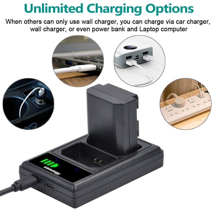 Акумулятор Hisewen NP-FZ100 та подвійний зарядний пристрій для Sony ZV-E10 II, Alpha A7III, A7RIII, A7RIV, A7RV, A7SIII, A7C, A7C II, A7CR, A6600, A9, A9II, FX3