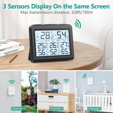 ORIA Digital Thermometer, Indoor/Outdoor Thermometer with 3 Outdoor Sensors, Backlight & Large LCD Display, Min/Max Records, ℃/℉ Switch, Ideal for Office, Home (Black)