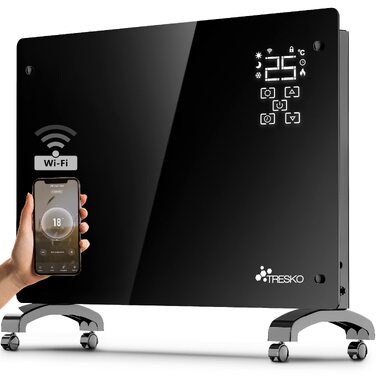 Скляний конвектор TRESKO з WiFi та керуванням через додаток, підлоговий або настінний обігрівач (2000 Вт, чорний)
