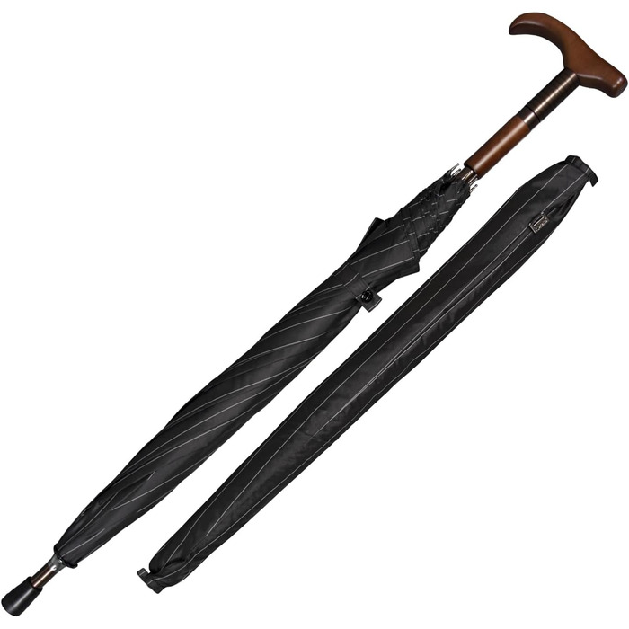 iX-brella Folding Umbrella, Height Adjustable with Wooden Handle - Black Pinstripe