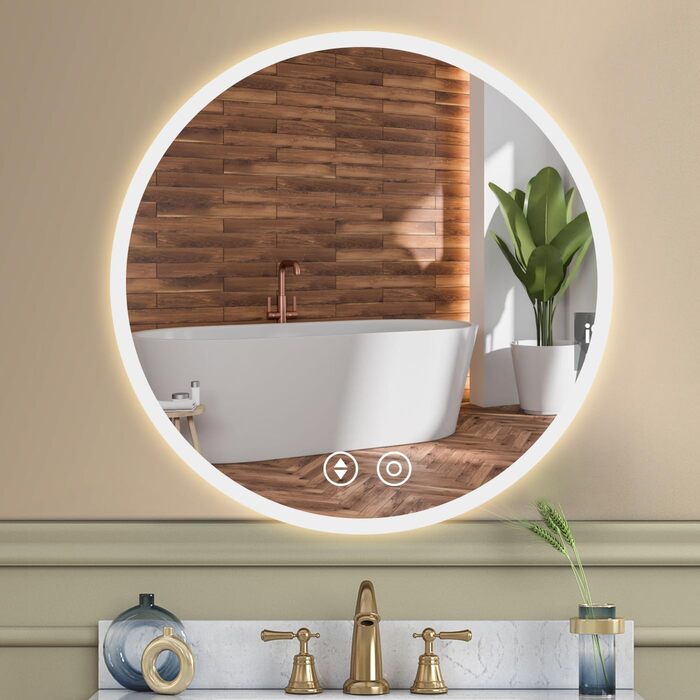 Дзеркало для ванної кімнати YOLEO кругле з підсвічуванням, 60 см, з сенсорним вимикачем, захисне скло, 3 кольори світла, регулювання яскравості, 6500K (50x50 см)