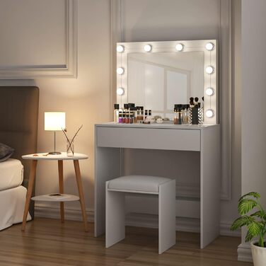 Туалетний столик EUGAD з LED підсвіткою, 80x40 см, 10 ламп, косметичний стіл з ящиками для спальні, білий, сучасний дизайн