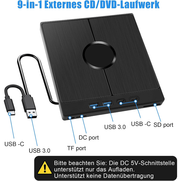 Зовнішній CD/DVD привід 9-в-1 для ноутбука та ПК, USB 3.0 з картридером SD/TF, портативний DVD-записувач для Windows, macOS, Linux