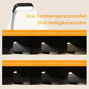 LED-лампа для читання з USB-зарядкою, 9 світлодіодів, 3 режими температури кольору, регульована яскравість, гнучка 360° поворотна кріплення для читання в ліжку, чорний