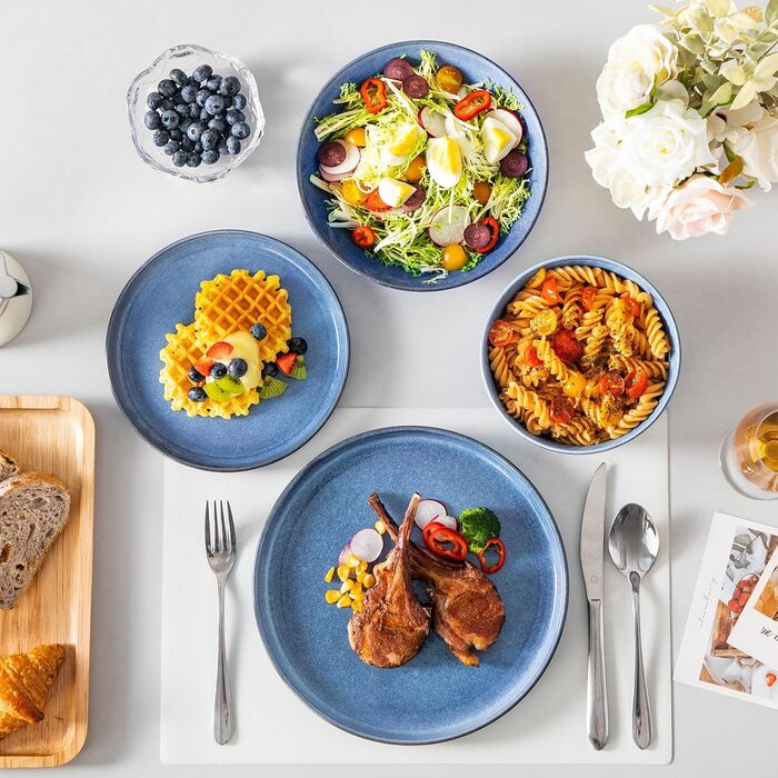 Набір посуду Steingut vancasso ANYA (24 шт.) - синій, сучасний, для 6 осіб, з тарілками, суповими тарілками, десертними тарілками та мисками. Можна мити в посудомийній машині та використовувати в мікрохвильовій печі.