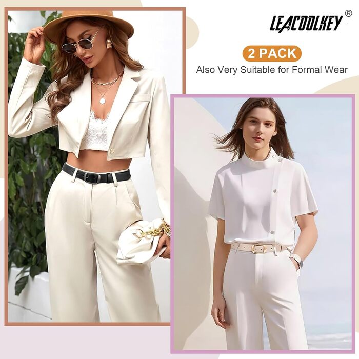 LEACOOLKEY: 2 жіночі шкіряні ремені з пряжкою Gold, для джинсів та штанів, чорний+бежевий, XXL, розмір 117-127 см