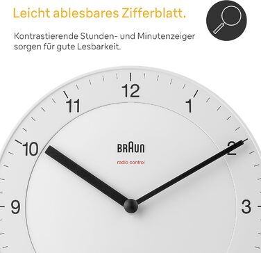 Braun Classic Radio Wall Clock, Central European Time Zone (CET/GMT+1) with a quiet movement, easy-to-read dial with a 20 cm diameter in white, model BC06W-DCF.