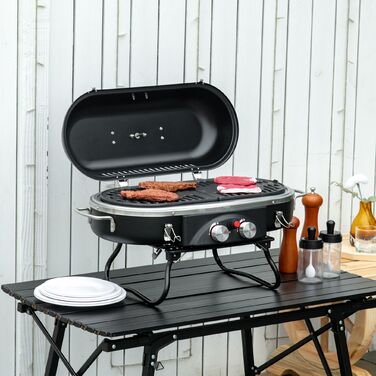 Газовий гриль Outsunny потужністю 2,34 КВт, складний, BBQ гриль для саду з 2 нержавіючими пальниками, редуктором, газовим шлангом, кришкою, термометром, 2 зонами нагріву, кемпінговий гриль для балкона, розміри 66 x 34,5 x 37 см | Aosom