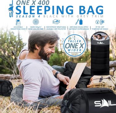 Сплячий мішок SAIL XL для великих людей, 3-4 сезони, 1,6-2,7 кг, легкий, водонепроникний, для відпочинку на природі, походів, кемпінгу (Чорний)