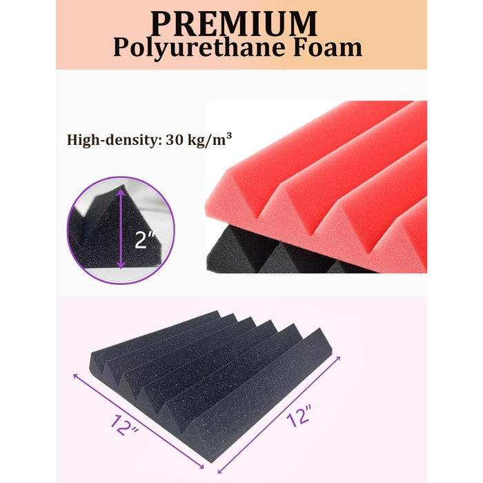 Акустичні пірамідні панелі для звукоізоляції стін, вогнестійкий шумопоглинаючий поролон для студії, 24 шт (5,1 x 30,5 x 30,5 см)