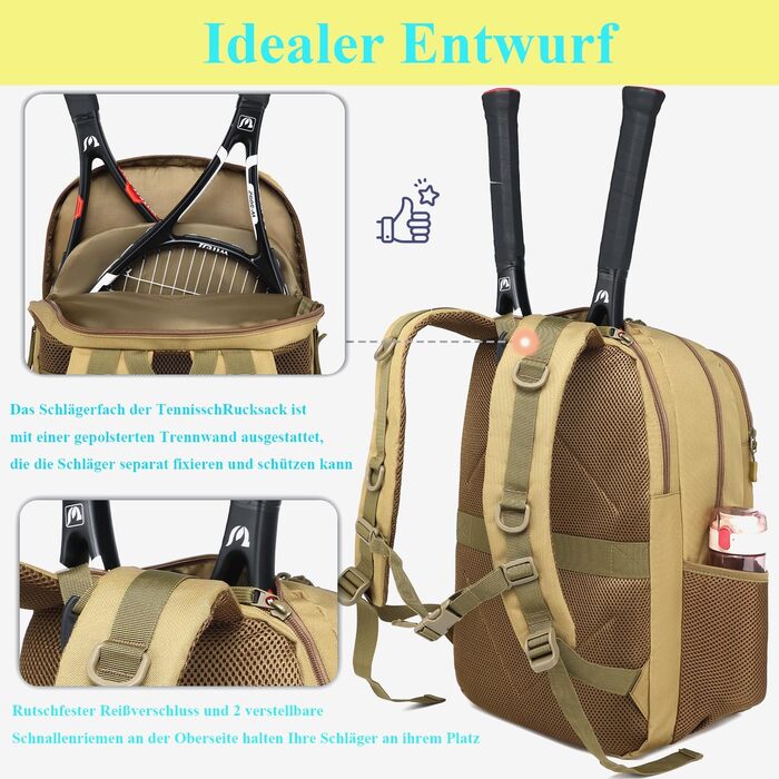 BlesMaller Tactical Tennis Backpack with Shoe Compartment & Racket Protection - Unisex Tennis Bag (Brown)