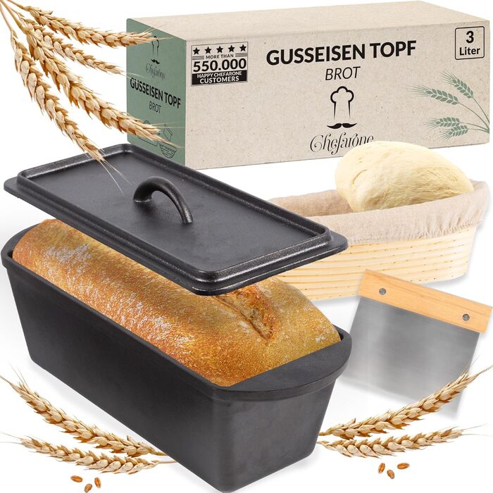Chefaron Cast Iron Bread Baking Pan with Lid - Baking pan for bread and cake - cast iron bread pot - loaf pan baking roasting rectangular - cast iron pot bread baking - 28 x 12 cm rectangular loaf pan