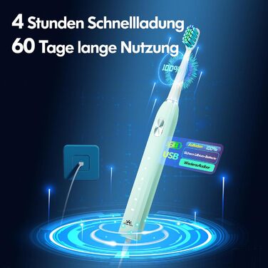 Електрична звукова зубна щітка для дорослих і дітей з 5 режимами чищення, таймером та 9 насадками (синя/зелена)