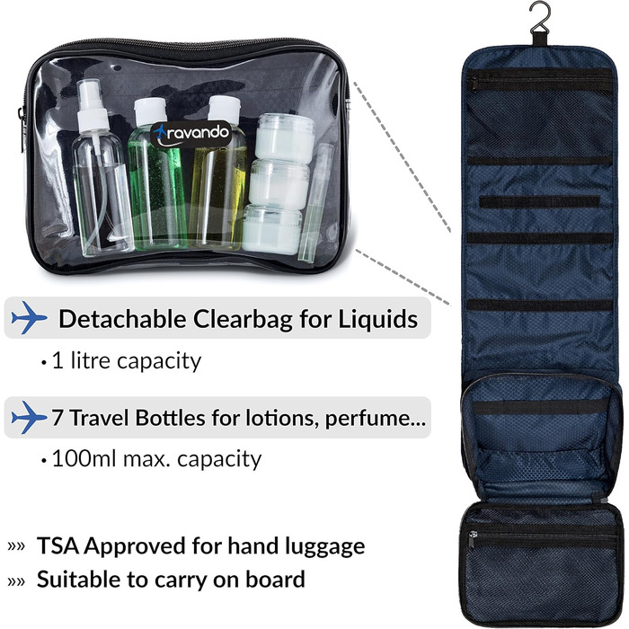 Чоловіча дорожня косметичка TRAVANDO з петлею, прозора, велика, для подорожей, вміщує рідини, морського кольору