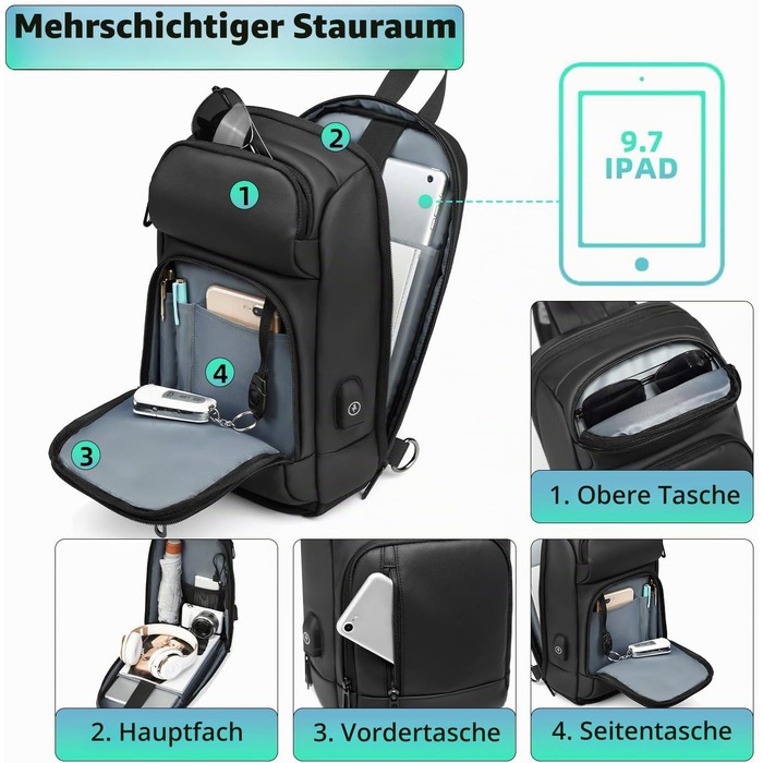 Чоловіча сумка-слінг Crossbody через плече, водонепроникна нагрудна сумка з USB-портом для подорожей, роботи та спорту, чорна