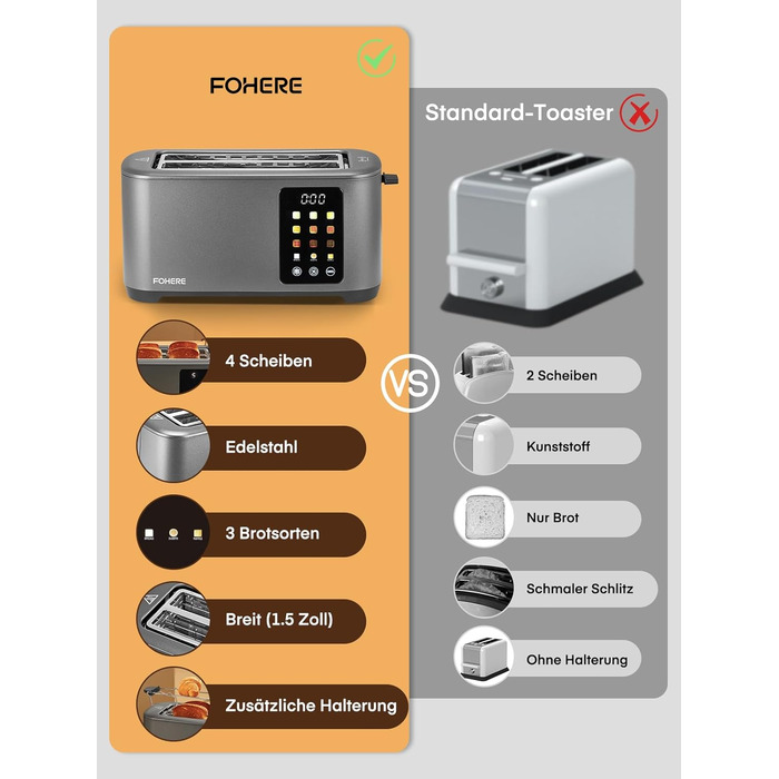 Тостер на 4 підсмажувальні слоти, 1400W, нержавіюча сталь, довгі слоти, 9 режимів підсмажування, 3 види хліба, функція відключення, розморожування та підігріву, сенсорне керування, з насадкою для бутербродів (сірий)