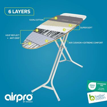 Покриття для прасувальної дошки Airpro від Widex, розмір L, універсальне, 120x42 см, для парових прасок, виготовлено в Європі, колір антрацит