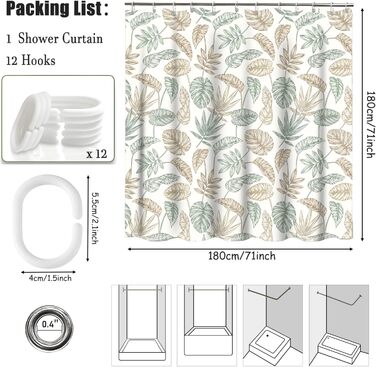 Текстильний душовий завіс 180x200 см, зелений, для ванної кімнати. З антибактеріальним покриттям, водонепроникний, з отворами та кільцями.