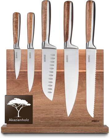 Baumfeld 6-Piece Knife Block Set - Premium Stainless Steel Kitchen Knives with Acacia Wood Magnetic Block - Professional Chef Knife Set