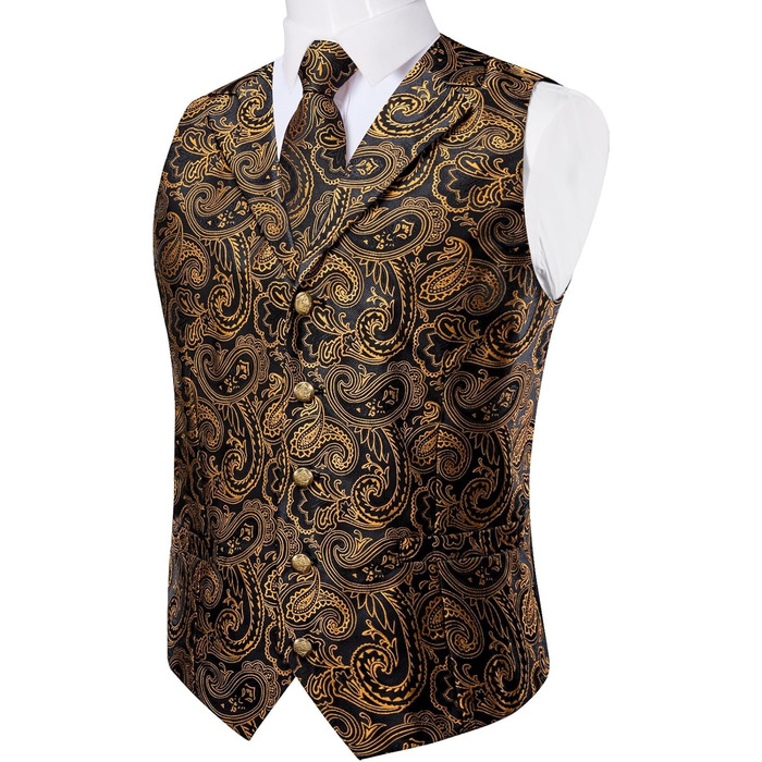 Костюмний аксесуар Dibangu: жилет, краватка, хустинка, запонки, лапільєрний шпилька (7 шт.) - Шовк, Пайслі, Чорний та золотий, XXL