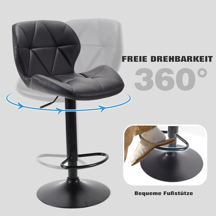 WangPangzi Adjustable Bar Stools 2-Pack with Backrest - Padded Leatherette Kitchen Bar Chairs with Footrest for Counter Height, Restaurants, Hotels & Bars (Black)