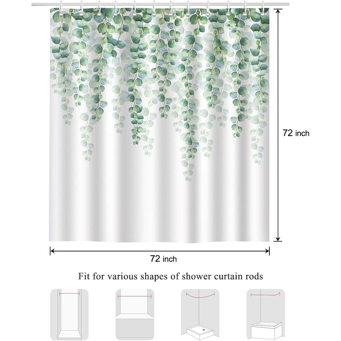 Шторка для душу Bonhause з евкаліптом, зелені листки, 180x180 см, поліестер, антигрибок, водонепроникна, з 12 гачками