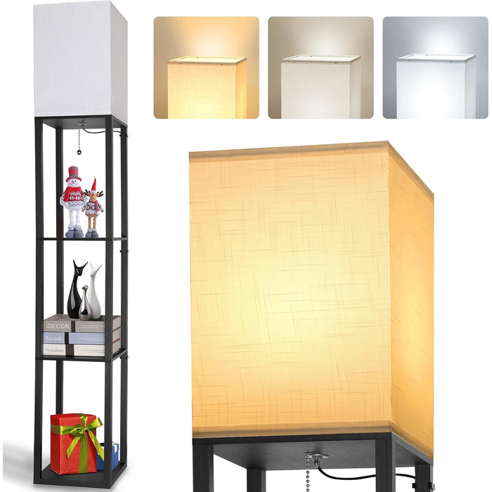 Світлодіодна торшер з дерева, 1.6м, з цоколюванням E27 (3000K-5000K), ретро торшер з 3 полицями, 3 колірні температури, настільна лампа з абажуром для спальні, кута, вітальні, офісу, чорний